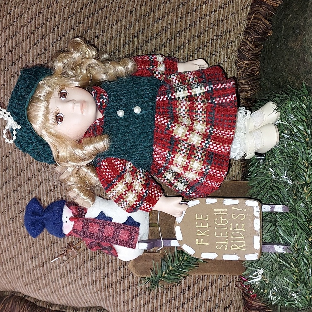 Collectors Choice Bisque Porcelain Blonde 9” Doll, “Free Sleigh Rides” - Picture 1 of 8